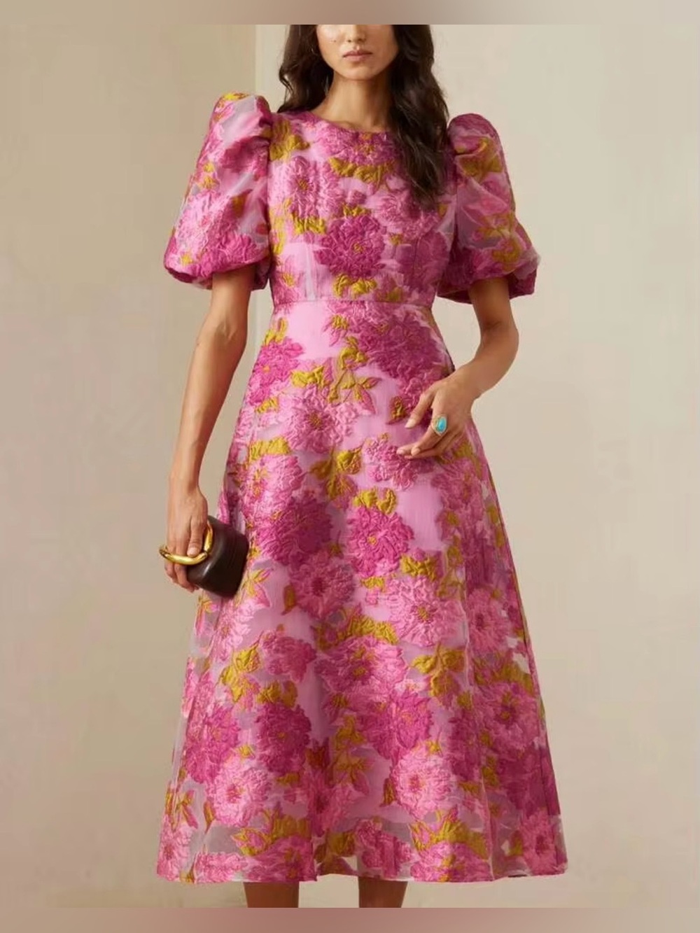 Pink Floral Puff Sleeve Midi Cocktail Party Dress Sz 4